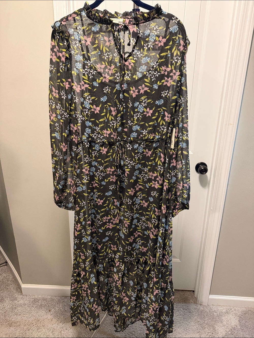 a.n.a Black Floral Long Sleeve Maxi Dress with Pink and Blue Accents